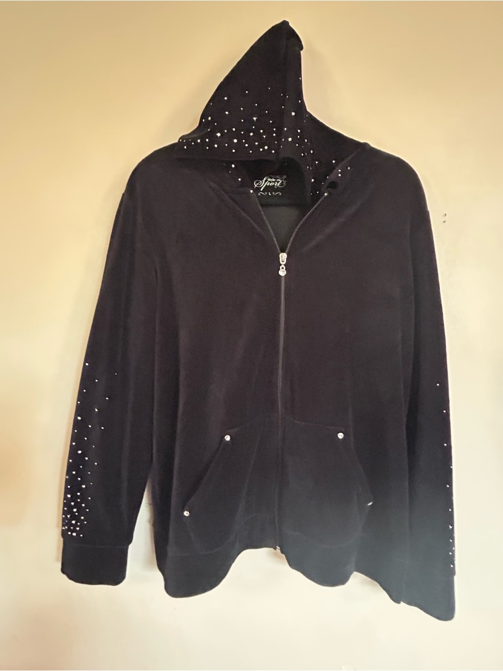 Style & Co. Black Hooded Velour Zip Jacket with Rhinestone Accents